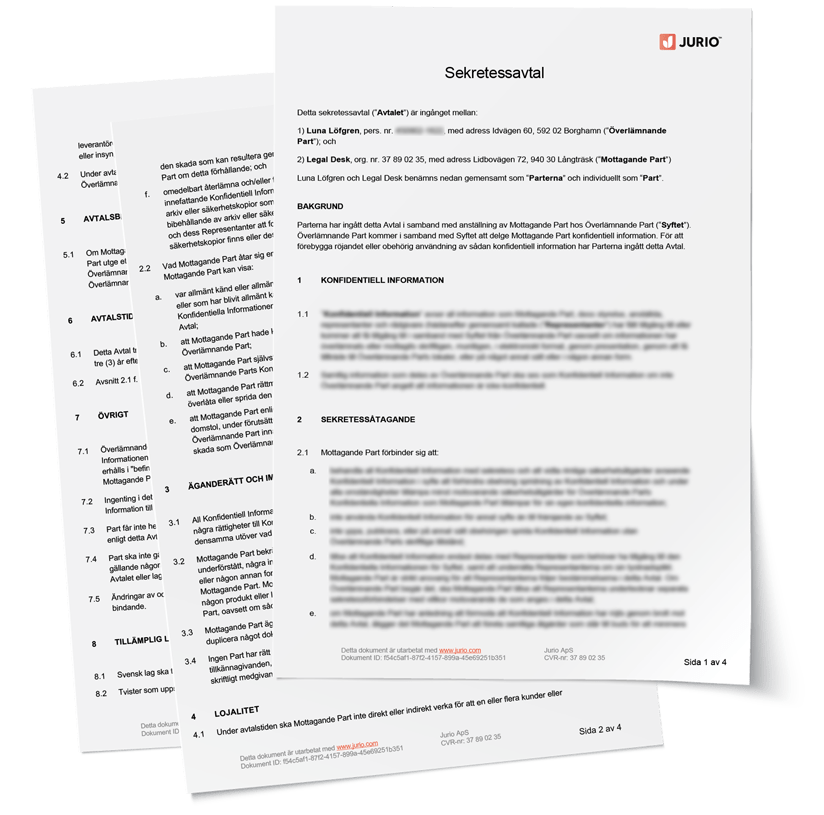 Exempel på Sekretessavtal upprättat med Jurio